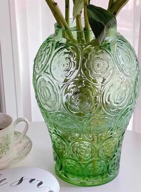 法式浮雕玻璃花瓶绛紫色客厅插花高级感摆件透明琉璃Y花器宫廷欧