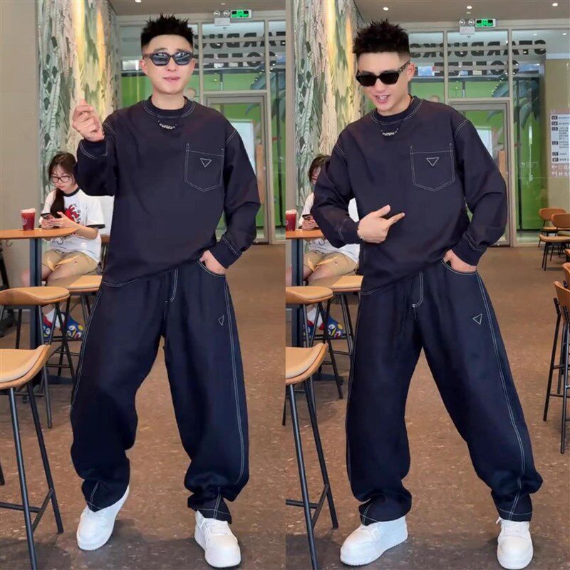 夏季轻薄亚麻凉感l透气休闲套装男高级感潮流撞线三角标运动两件