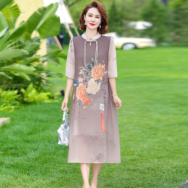 新中式妈妈夏装连衣裙中年妇女气质旗袍裙子中老年女夏季国风长裙