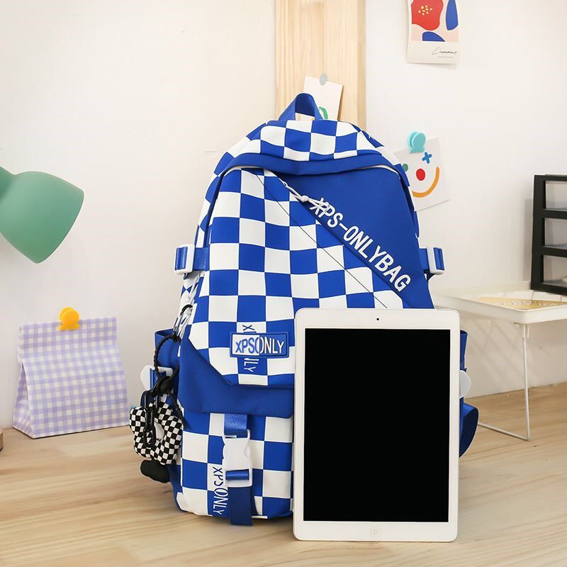 新款网红棋盘格包包女中学生韩版双肩包补习袋V笔袋4件套书包