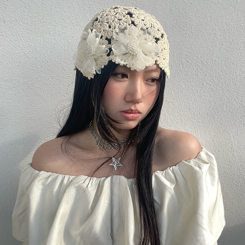 早春薄款镂d空帽女帽优雅文艺花朵毛线帽可爱织帽小众设计套头帽
