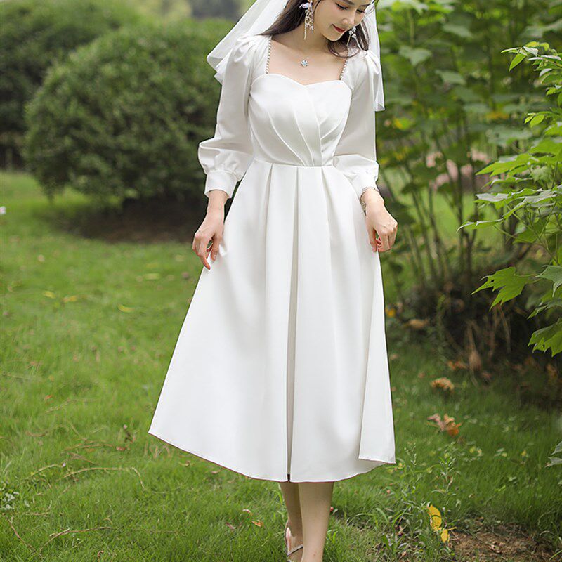 领证登记新娘小白裙高级感长袖法式轻婚纱礼服订婚连衣裙平时可穿