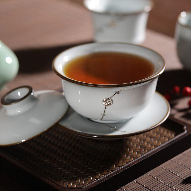观复博物馆仿官釉锔瓷盖碗茶杯套装银钉手工N品茗可养开片工夫茶