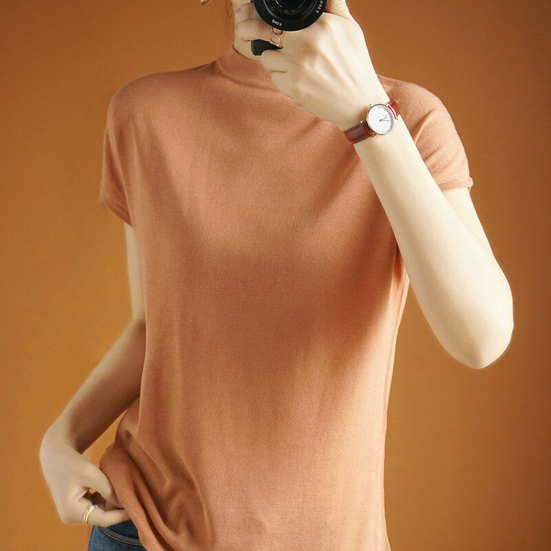 亚麻冰丝针织 t恤女短袖薄款2024夏宽松修身打底衫圆领半袖上衣潮