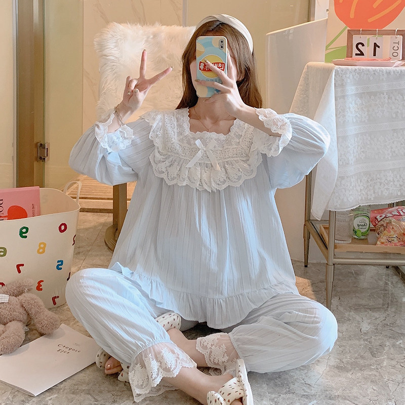 宫廷睡衣女春秋纯棉长袖甜美公主风全棉方领套装蕾丝花边家居服薄
