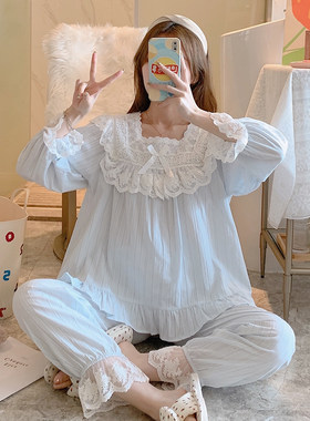宫廷睡衣女春秋纯棉长袖甜美公主风全棉方领套装蕾丝花边家居服薄