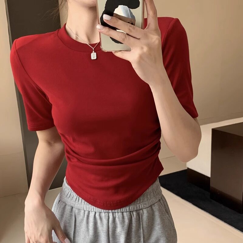 酒红色垫肩短款上衣女夏季纯欲辣妹不规则弧形下摆小个子短袖t恤