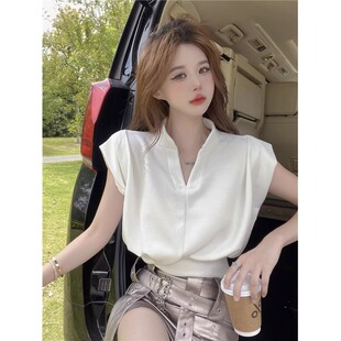 短袖T恤女薄款慵懒风半开领宽松坎肩设计感辣妹短款显瘦休闲上衣