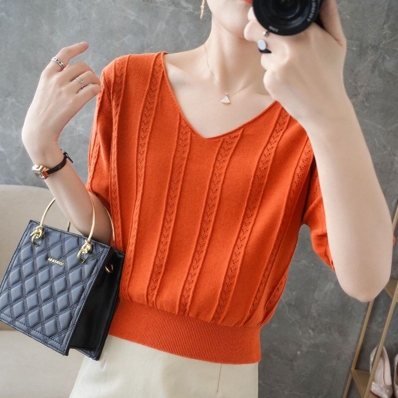 高腰纯棉V领T恤女短款2024夏季新款纯色宽松针织短袖镂空半袖上衣