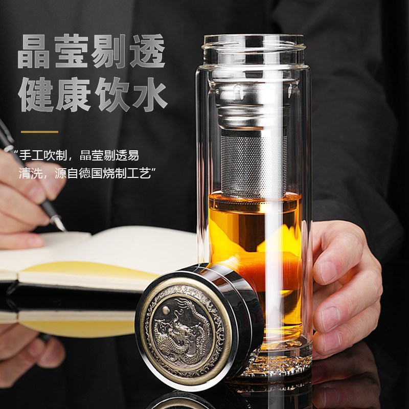 龙杯水晶双层玻璃杯加q厚车载泡茶杯男水杯子定制刻字印字logo