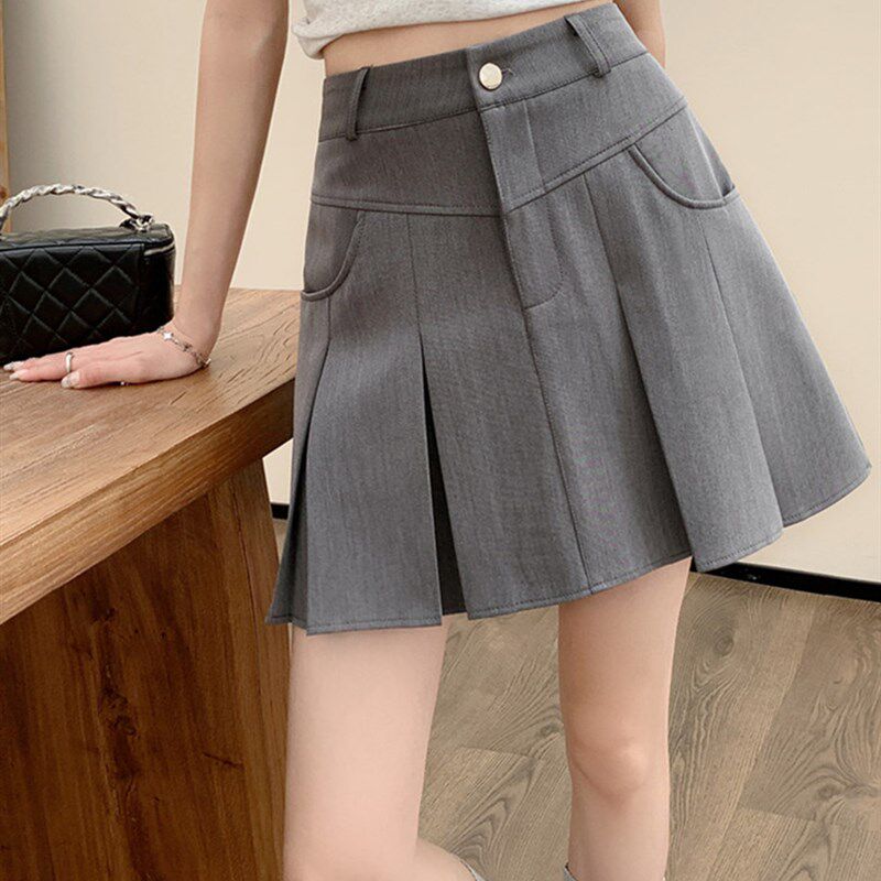 设计感小众西装百褶半身裙春夏大码高腰遮胯显瘦学院风A字短裙子