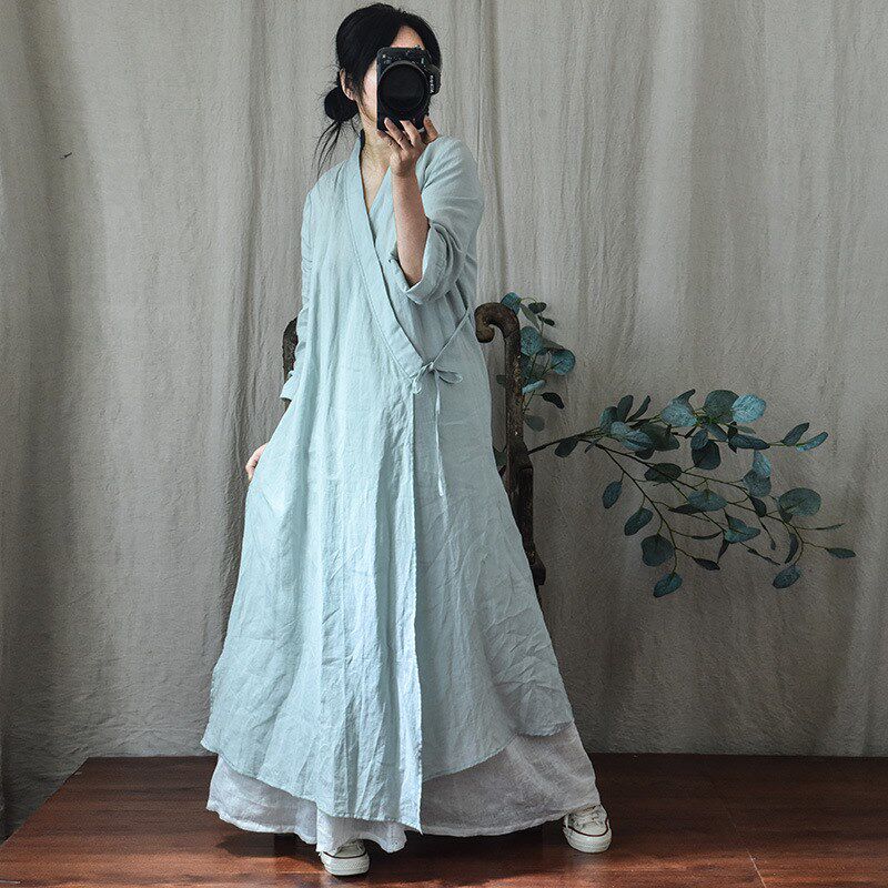 2021中国风v领白色苎麻系带汉服居士瑜伽禅服长款连衣裙宽松茶服