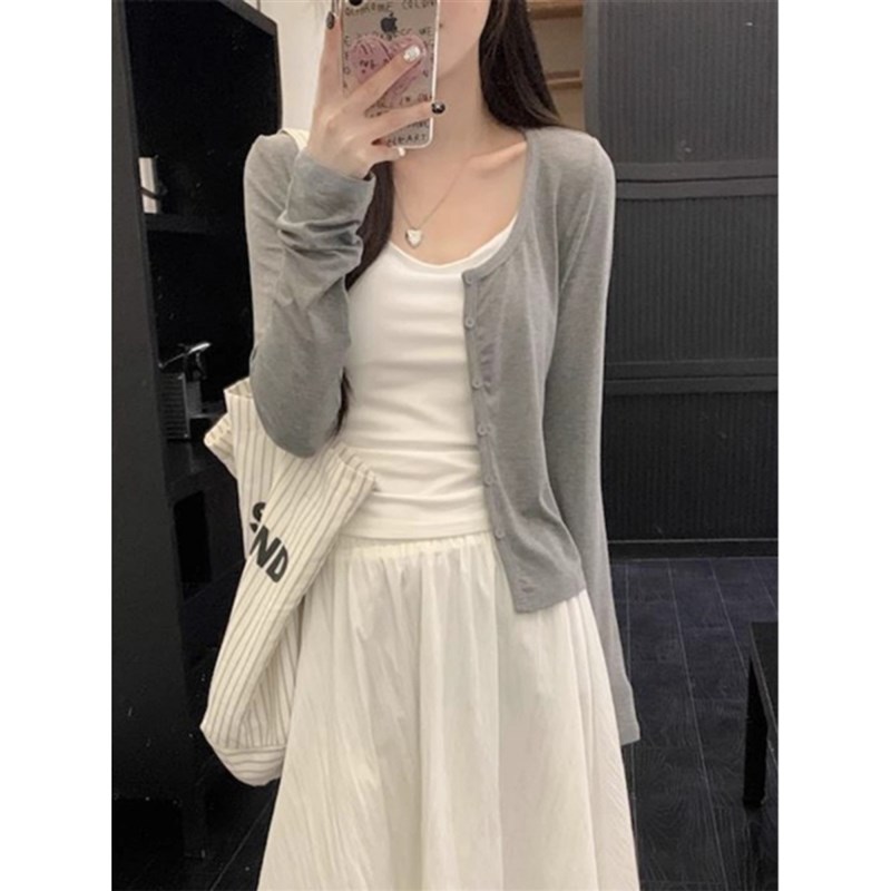 简约休闲百搭灰色修身显瘦针织薄款开衫长袖女2024早秋慵懒感外搭