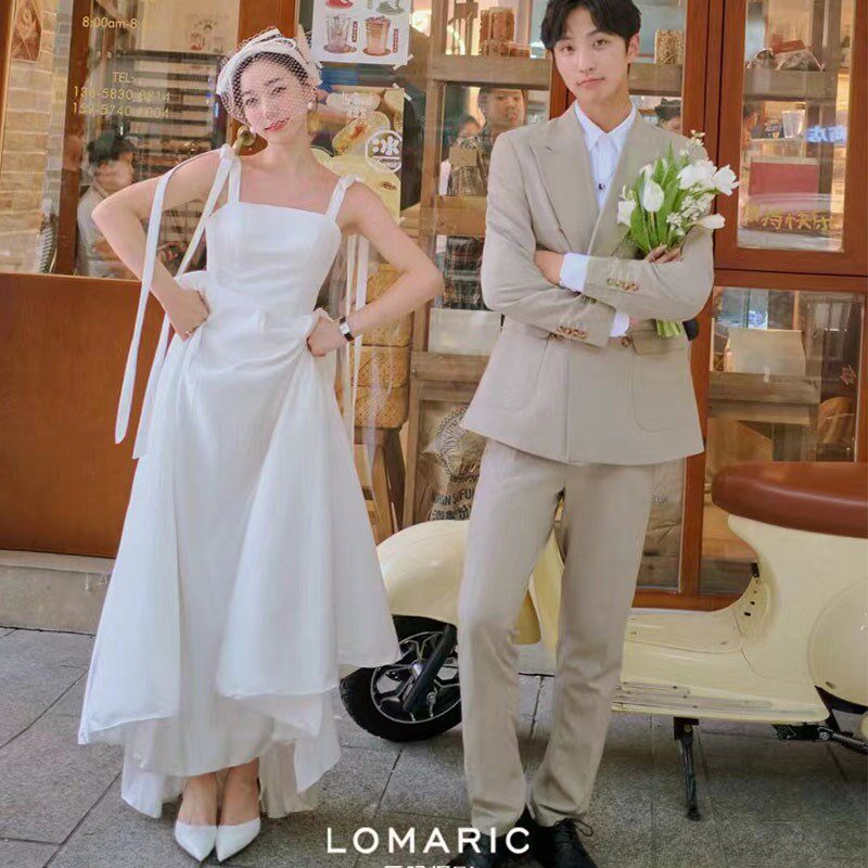 大码缎面轻婚纱小礼服胖MM新娘结婚出门纱简约缎面白色吊带连衣裙