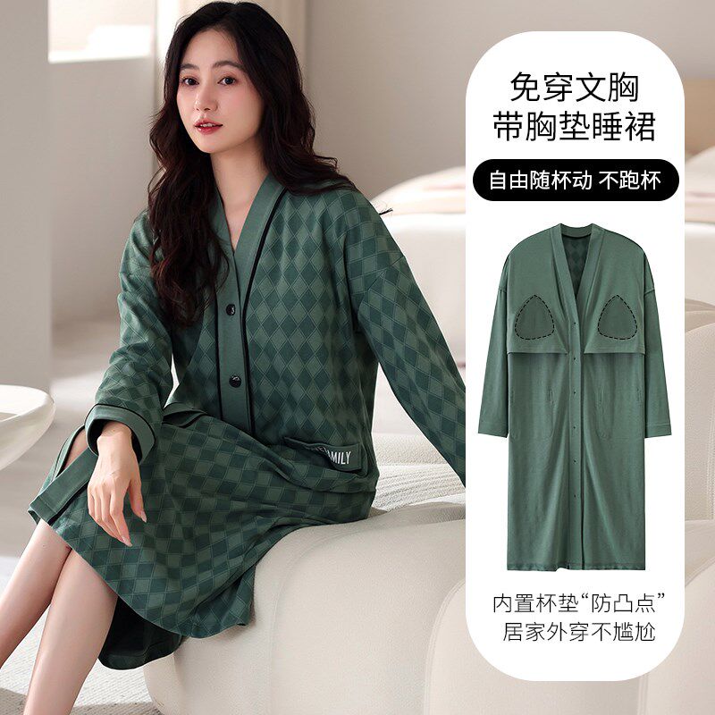 春秋季青中年睡裙女加肥大纯棉绸长袖妈妈睡衣V领开衫家居服薄款