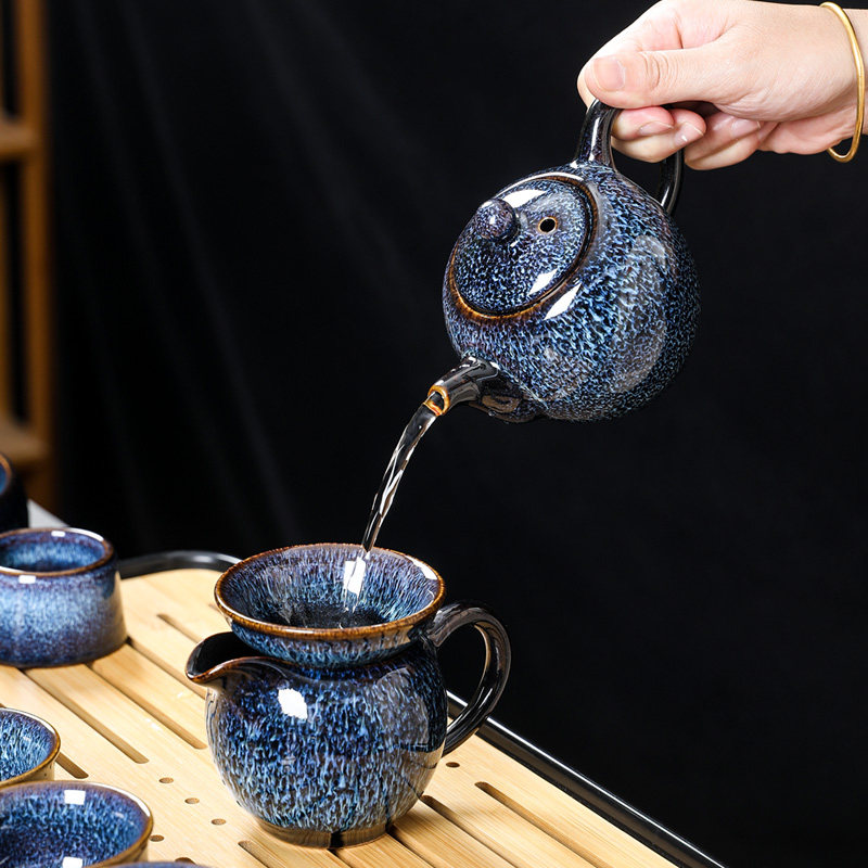 窑变天目釉功夫茶具套装陶u瓷蓝盏泡茶壶盖碗整套茶器会客家用中