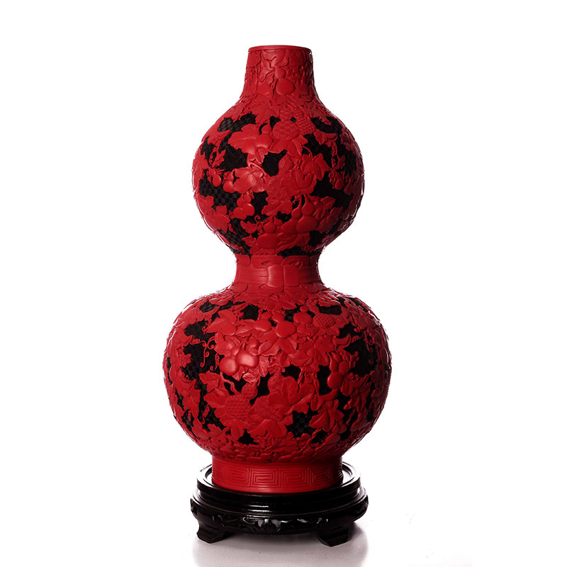 扬州漆器厂c 雕漆20寸双色葫芦花瓶 生日家居 办公摆件 工艺礼品