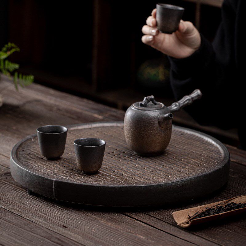 日式鎏金铁釉f五谷丰登茶盘 陶瓷大号茶台茶托储水排水双用干泡盘