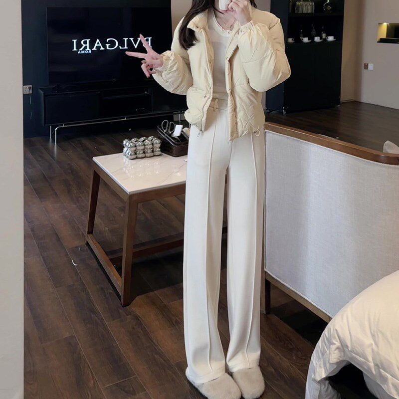 加绒加厚窄版羊毛裤子女冬季2024新款小个子垂感直筒阔腿裤子秋冬