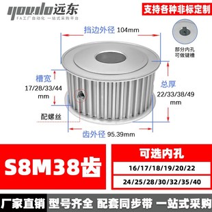 槽宽33 38S8M高扭矩同步皮带轮 无台同步轮AF型 S8M38齿两面平