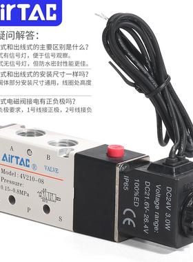 亚德客出线式电磁阀4V110/210/310/M5-06AI-08BI-10AC220V/DC24V