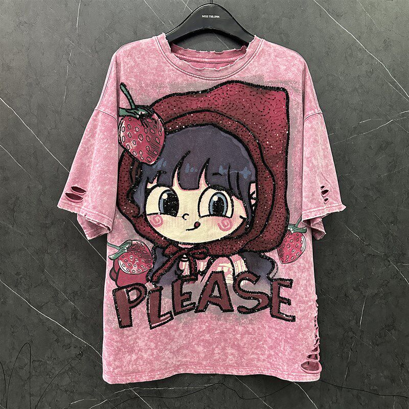 破洞设计感卡通草莓小女孩甜美减龄宽松短袖T恤女中长款半袖上衣