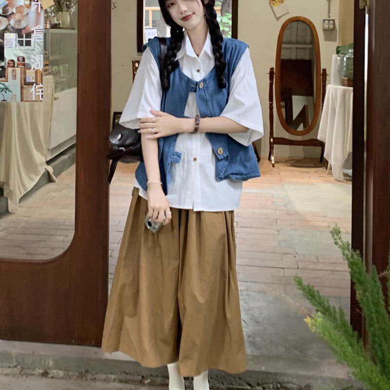 大码女装2023春夏新款胖妹妹设计感牛仔背心马甲+衬衣+半身裙套装