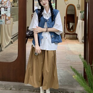大码女装2023春夏新款胖妹妹设计感牛仔背心马甲+衬衣+半身裙套装