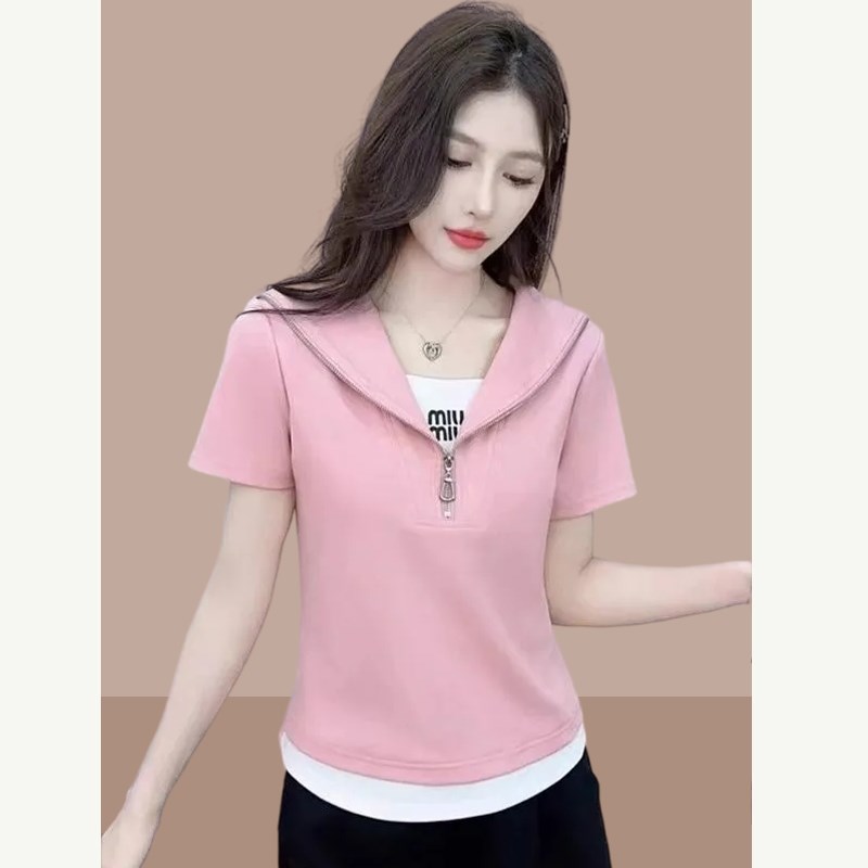 假两件短袖t恤女时尚减龄卫衣2024夏季新款修身体恤洋气上衣女装图片