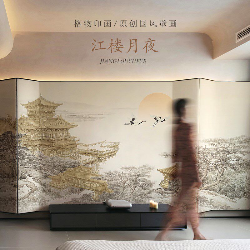 新中式旭日楼阁浮雕壁布酒店前台背景墙壁纸饭店走廊装修包间墙布