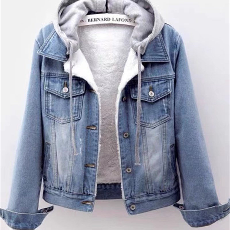 牛仔棉服外套女加绒加厚棉衣韩版连帽2023秋冬季保暖短款夹克显瘦