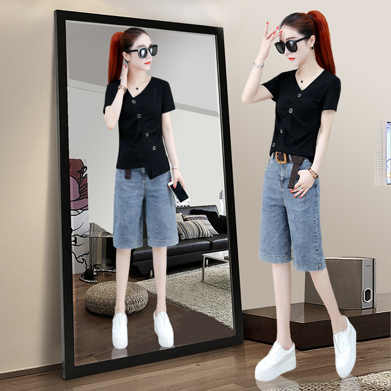 牛仔短裤女五分裤中裤夏薄款2021年新款宽松直筒高腰阔腿显瘦套装