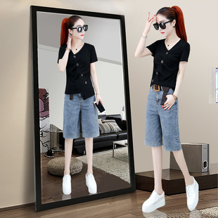 牛仔短裤女五分裤中裤夏薄款2021年新款宽松直筒高腰阔腿显瘦套装