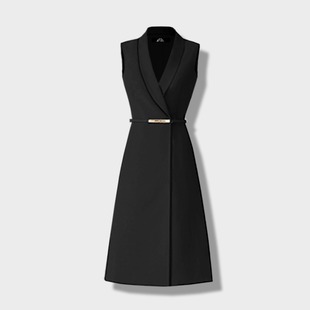黑色西装马甲裙女2024春秋新长款气质职业无袖马夹外套连衣裙7793
