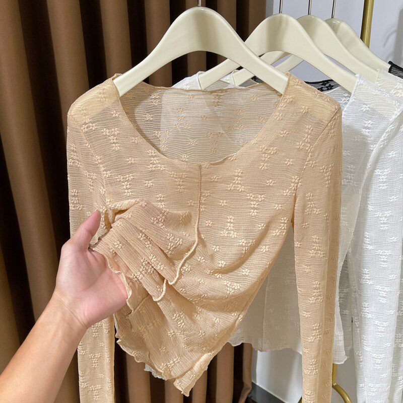 白色大圆领蕾丝打底衫女长袖薄纱2025新款搭配吊带裙内搭薄款纱衣