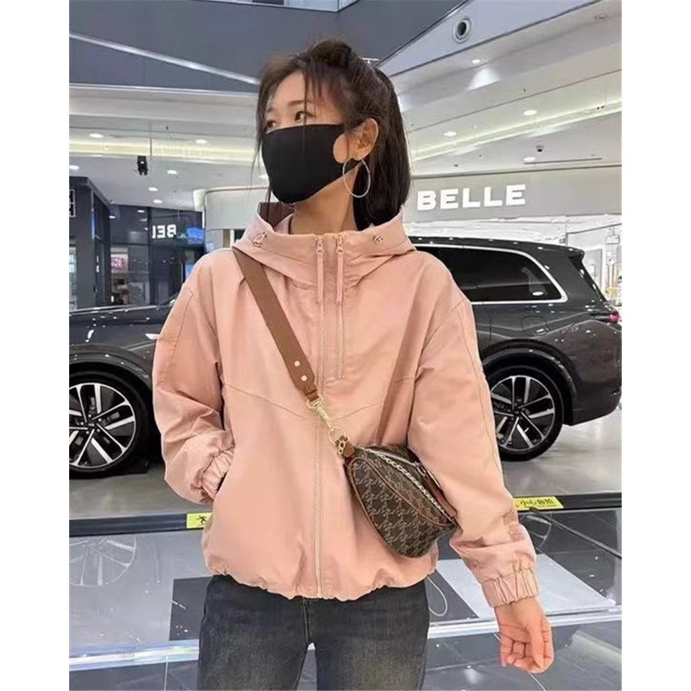 2024新款春秋爆短款连帽风衣外套女款双拉链薄款冲锋衣休闲上衣潮图片