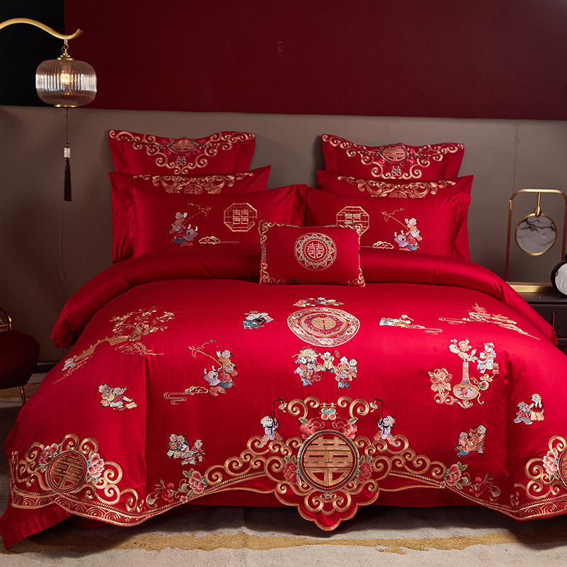 中式百子图刺绣婚庆四件套红色龙凤被套床O单喜被结婚床上用品