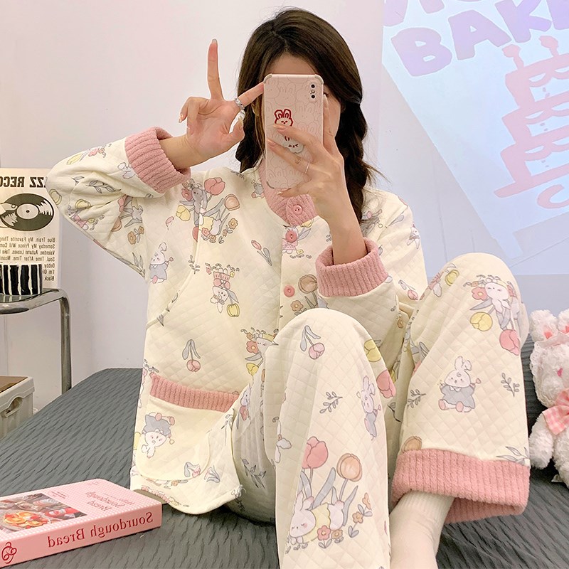 空气棉月子服秋冬季纯棉加厚保暖夹层产后产妇哺乳睡衣孕期哺乳期