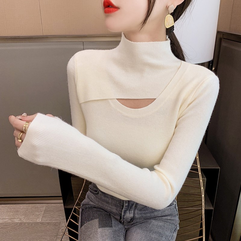 半高领镂空打底衫女春秋内搭绿色毛衣洋气2025新款修身羊绒针织衫