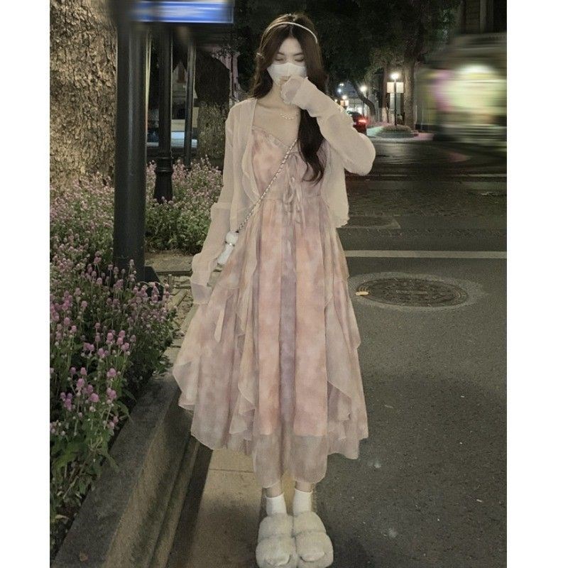 粉色碎花温柔风吊带裙开衫两件套小个子仙女连衣裙女夏季裙子套装