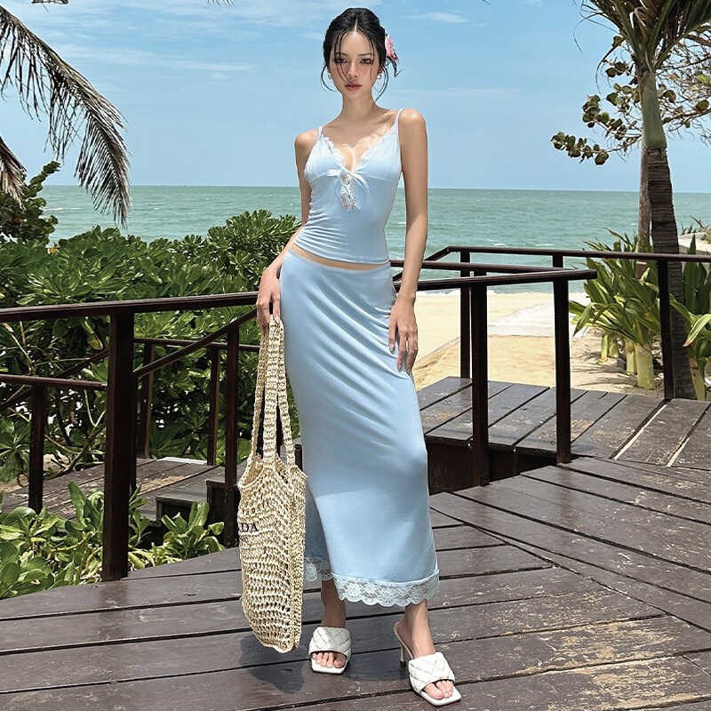 纯欲风蕾丝拼接吊带背心+鱼尾半身裙两件套辣妹时尚海边度假套装