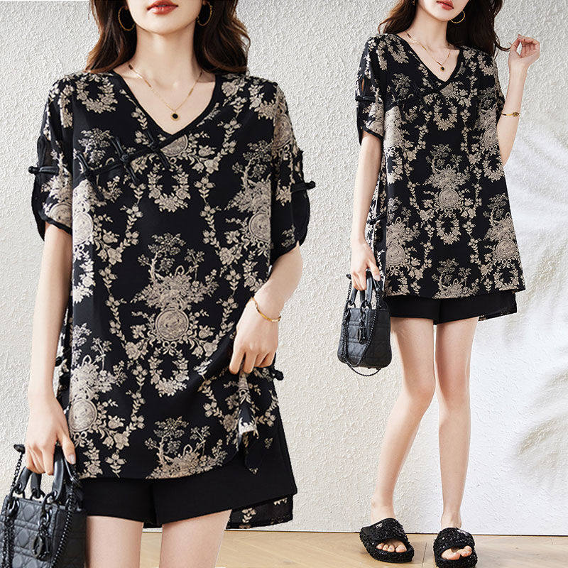 大码碎花V领短袖女t恤夏季2024新款女装体恤宽松洋气时尚国风上衣