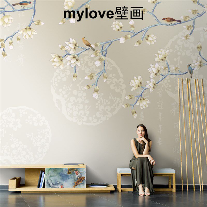 新中式工笔花鸟电视背景墙壁纸3d古典客厅茶室书房墙布来图定制布