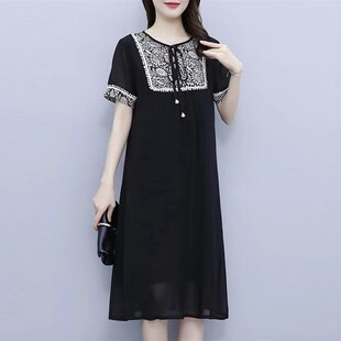 减龄洋气遮肚显瘦百搭黑色裙女 新款 大码 胖妹妹雪纺连衣裙2023夏季
