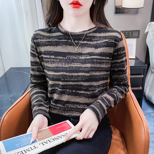 女士条纹T恤圆领内搭衣秋冬内搭2023年新款洋派百搭秋季上衣女装