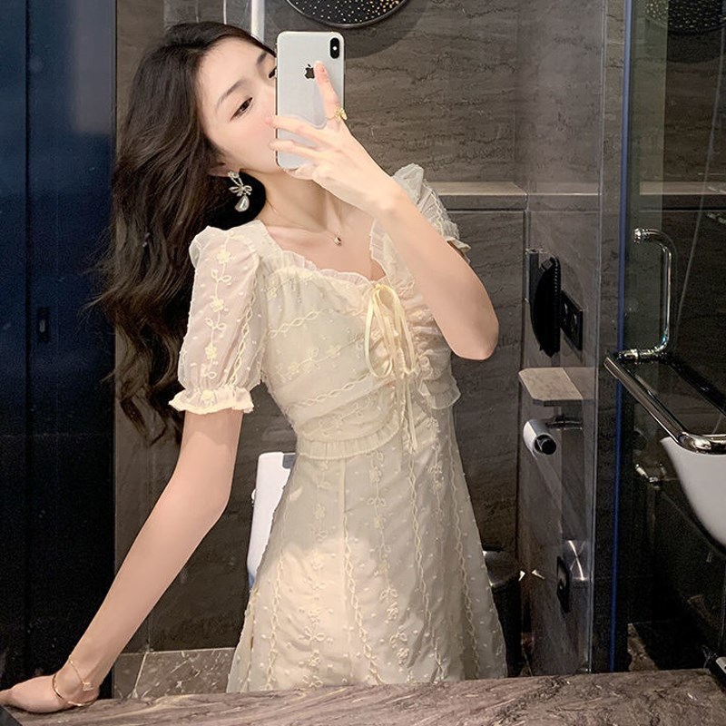 浪漫刺绣蕾丝雪纺短袖连衣裙2025夏季法式甜美气质泡泡袖仙女长裙
