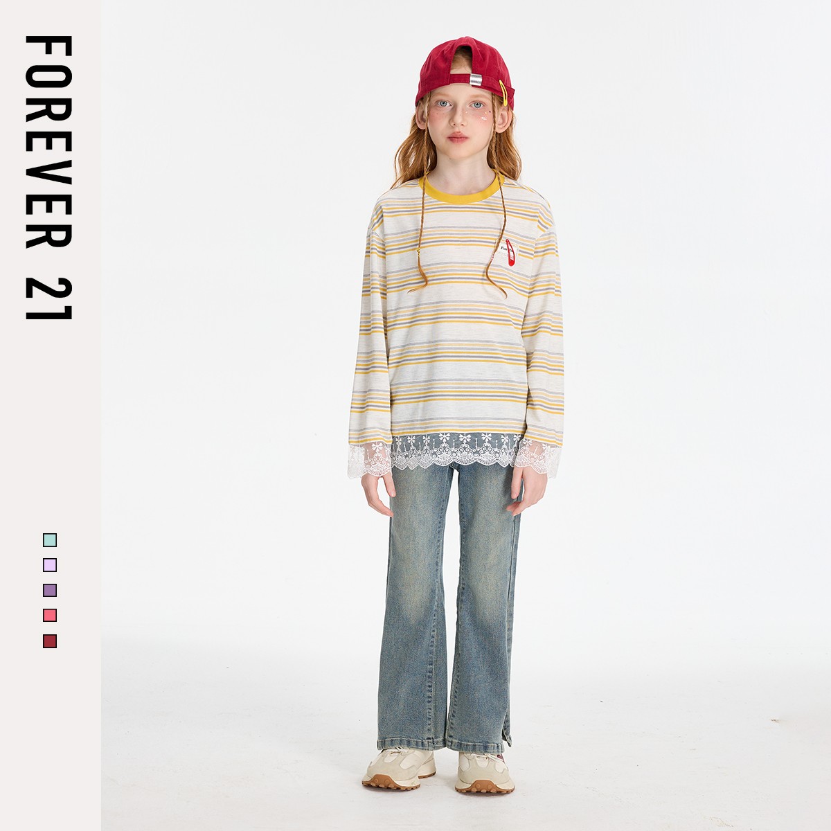 Forever 21女童秋装上衣条纹日韩童装女孩时尚潮流儿童长袖t恤