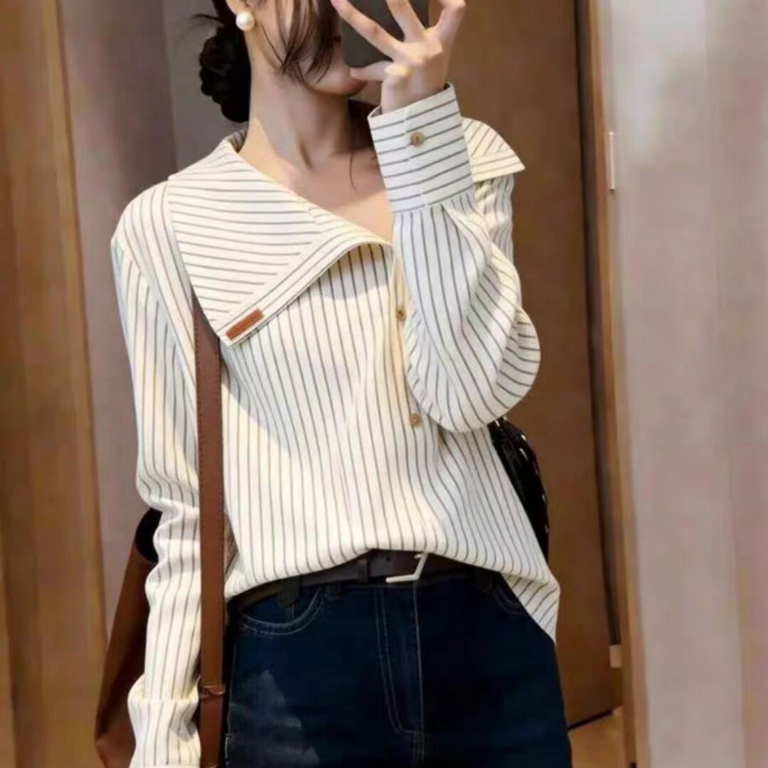 不规则翻领条纹衬衫女气质长袖衬衣2026新款春秋洋气通勤显瘦上衣