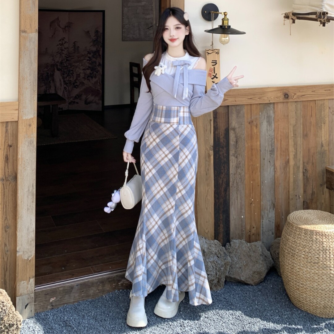 雾蓝小熊 千金感格纹包臀半身鱼尾裙女秋假两件蓝上衣