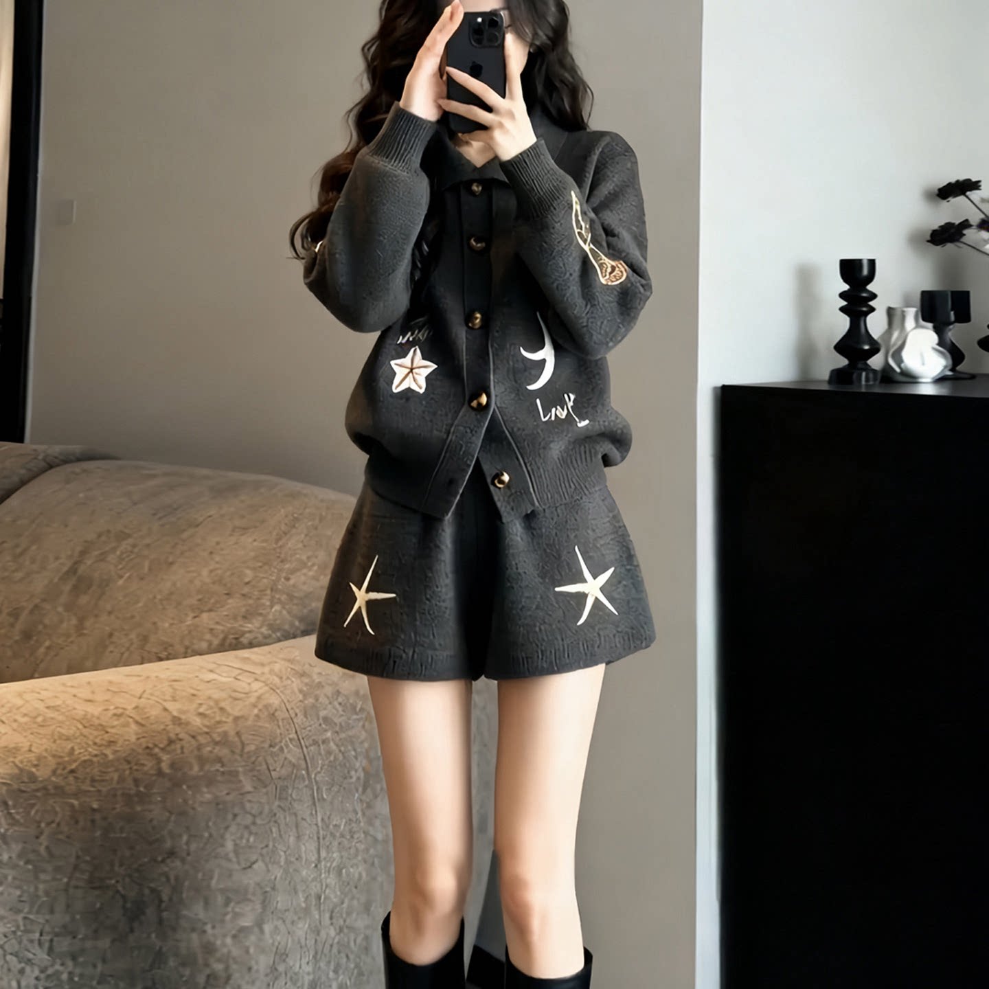 小个子穿搭韩风chic灰色针织毛衣短裤套装女秋冬季巨好看的一整套